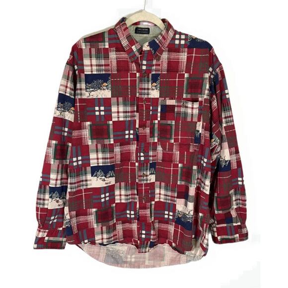 CHAPS RALPH LAUREN Mens Large Holiday Winter Scene Red Plaid Shirt VTG Cabincore - Picture 1 of 8